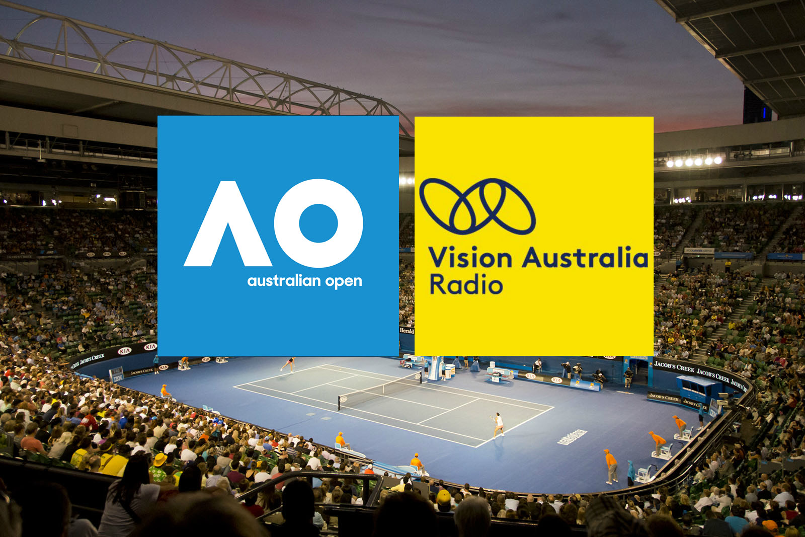 AO and Vision Australia logo overlayed an image of tennis arena full of spectators