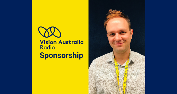 Text: Vision Australia Radio Sponsorship. Image of Jason, sponsorship manager at Vision Australia radio
